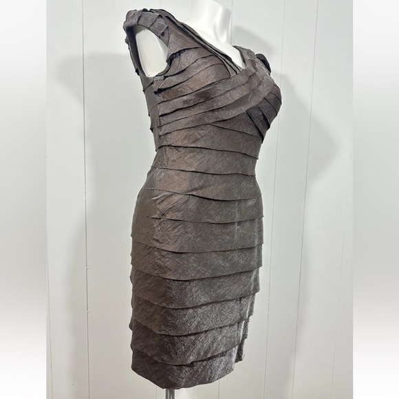NWT Collection by DressBarn Sz 10 Brown Silver Metallic Layered Crepe Dress - Picture 5 of 13